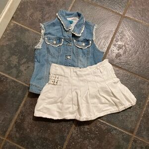 Denim Sleeveless Vest & White Pleated Skirt Set Girls Size L 10/12